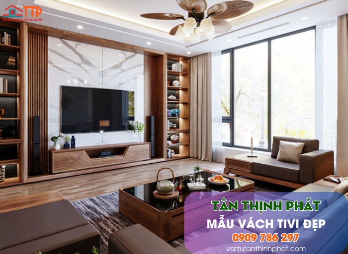 Mẫu Vách Tivi Phòng Khách Nhựa Giả Gỗ, Giả Đá Đẹp
