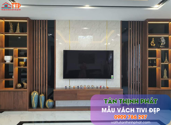 Mẫu Vách Tivi Phòng Khách Nhựa Giả Gỗ, Giả Đá Đẹp