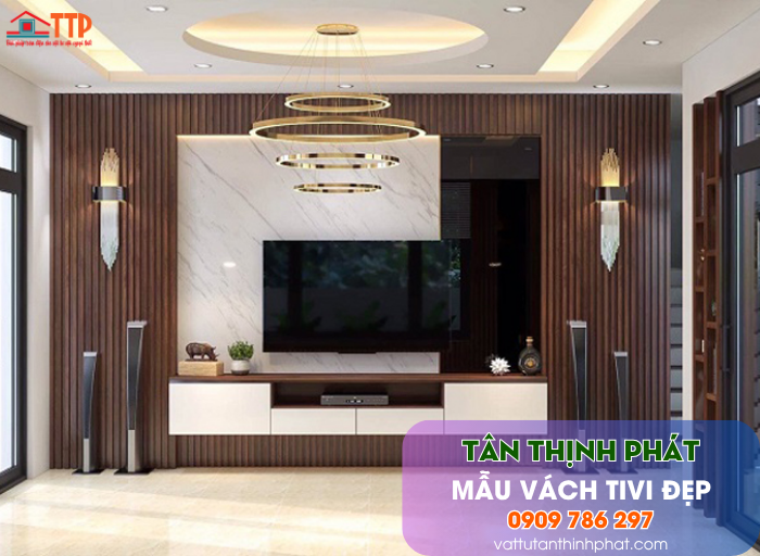 Mẫu Vách Tivi Phòng Khách Nhựa Giả Gỗ, Giả Đá Đẹp