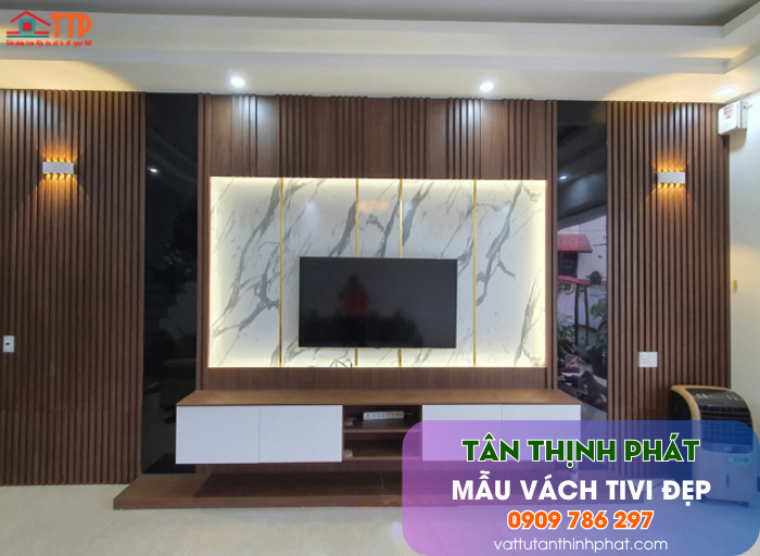 Mẫu Vách Tivi Phòng Khách Nhựa Giả Gỗ, Giả Đá Đẹp