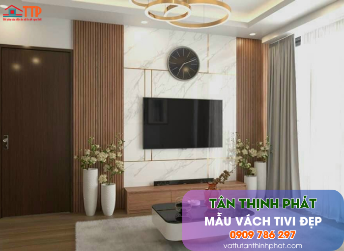 Mẫu Vách Tivi Phòng Khách Nhựa Giả Gỗ, Giả Đá Đẹp
