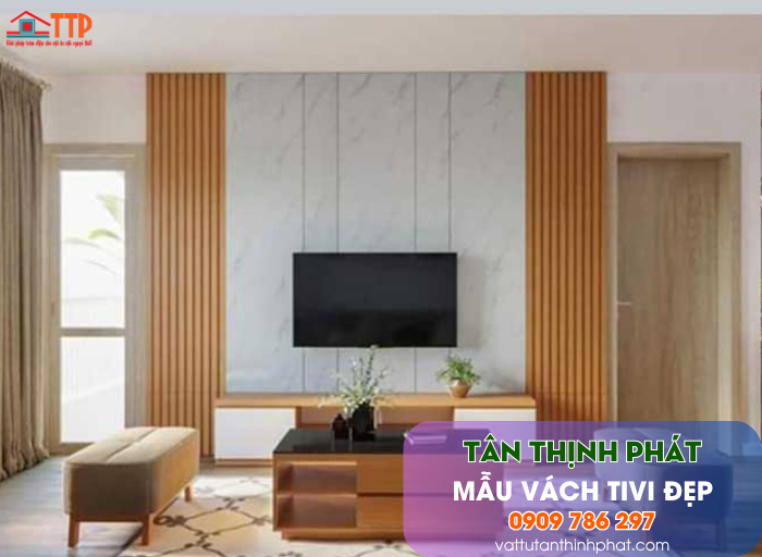 Mẫu Vách Tivi Phòng Khách Nhựa Giả Gỗ, Giả Đá Đẹp