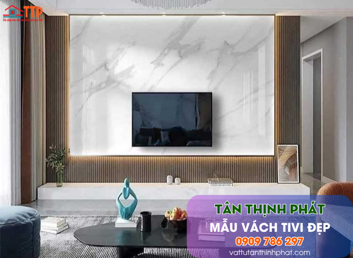 Mẫu Vách Tivi Phòng Khách Nhựa Giả Gỗ, Giả Đá Đẹp