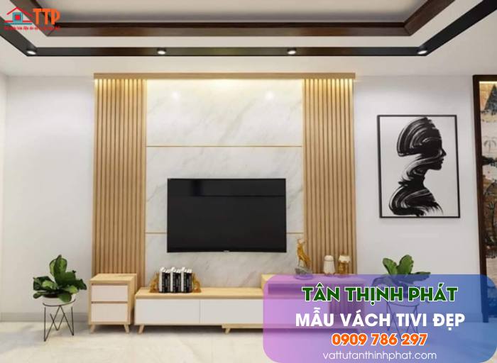 Mẫu Vách Tivi Phòng Khách Nhựa Giả Gỗ, Giả Đá Đẹp