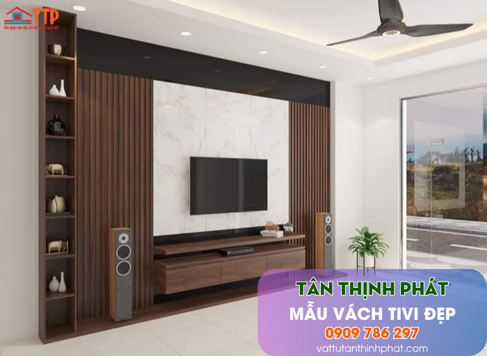 Mẫu Vách Tivi Phòng Khách Nhựa Giả Gỗ, Giả Đá Đẹp