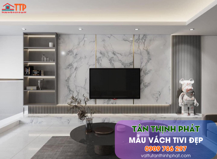 Mẫu Vách Tivi Phòng Khách Nhựa Giả Gỗ, Giả Đá Đẹp