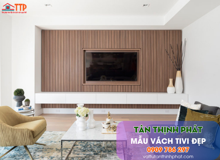 Mẫu Vách Tivi Phòng Khách Nhựa Giả Gỗ, Giả Đá Đẹp