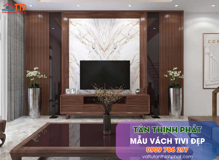 Mẫu Vách Tivi Phòng Khách Nhựa Giả Gỗ, Giả Đá Đẹp