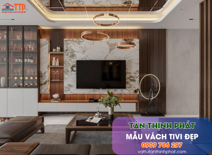 Mẫu Vách Tivi Phòng Khách Nhựa Giả Gỗ, Giả Đá Đẹp