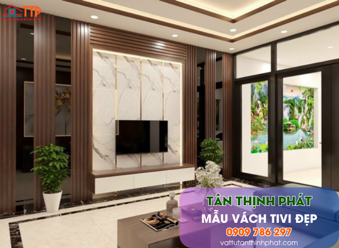 Mẫu Vách Tivi Phòng Khách Nhựa Giả Gỗ, Giả Đá Đẹp