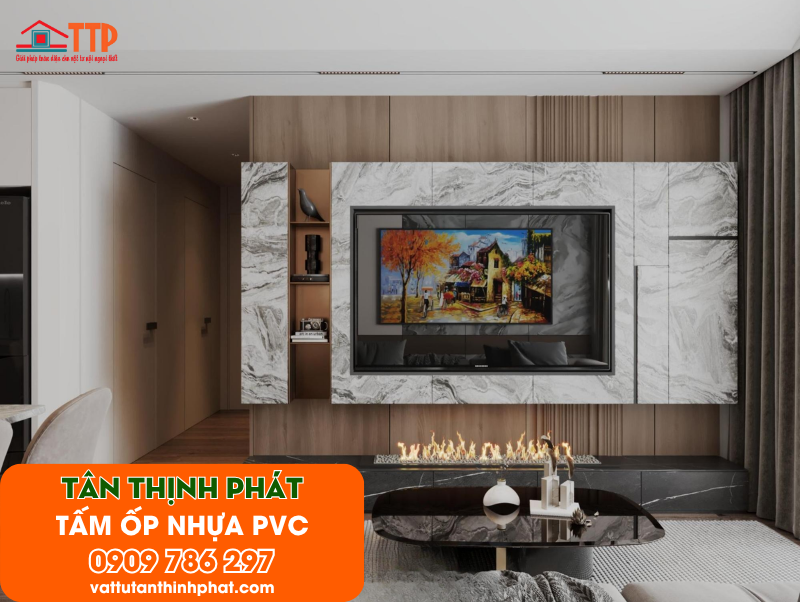 Mẫu phòng khách ốp tấm nhựa PVC đẹp, hiện đại nhất 2026 Mẫu phòng khách ốp tấm nhựa PVC đẹp, hiện đại nhất 2026