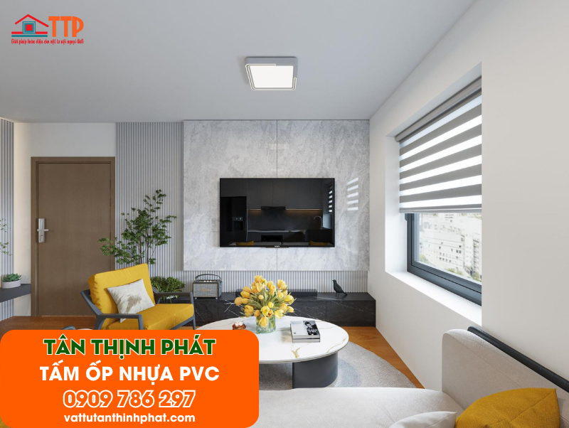 Mẫu phòng khách ốp tấm nhựa PVC đẹp, hiện đại nhất 2026 Mẫu phòng khách ốp tấm nhựa PVC đẹp, hiện đại nhất 2026