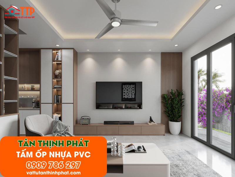 Mẫu phòng khách ốp tấm nhựa PVC đẹp, hiện đại nhất 2026 Mẫu phòng khách ốp tấm nhựa PVC đẹp, hiện đại nhất 2026