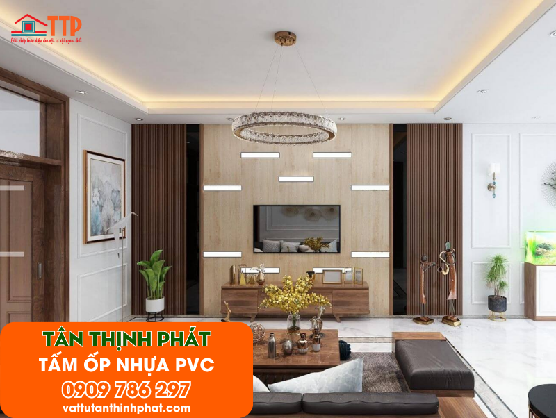 Mẫu phòng khách ốp tấm nhựa PVC đẹp, hiện đại nhất 2026 Mẫu phòng khách ốp tấm nhựa PVC đẹp, hiện đại nhất 2026