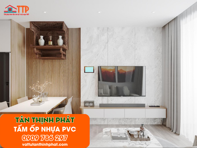 Mẫu phòng khách ốp tấm nhựa PVC đẹp, hiện đại nhất 2026 Mẫu phòng khách ốp tấm nhựa PVC đẹp, hiện đại nhất 2026