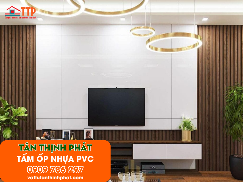 Mẫu phòng khách ốp tấm nhựa PVC đẹp, hiện đại nhất 2026 Mẫu phòng khách ốp tấm nhựa PVC đẹp, hiện đại nhất 2026