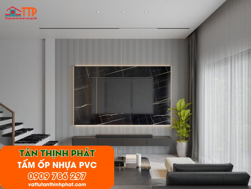Mẫu phòng khách ốp tấm nhựa PVC đẹp, hiện đại nhất 2026 Mẫu phòng khách ốp tấm nhựa PVC đẹp, hiện đại nhất 2026