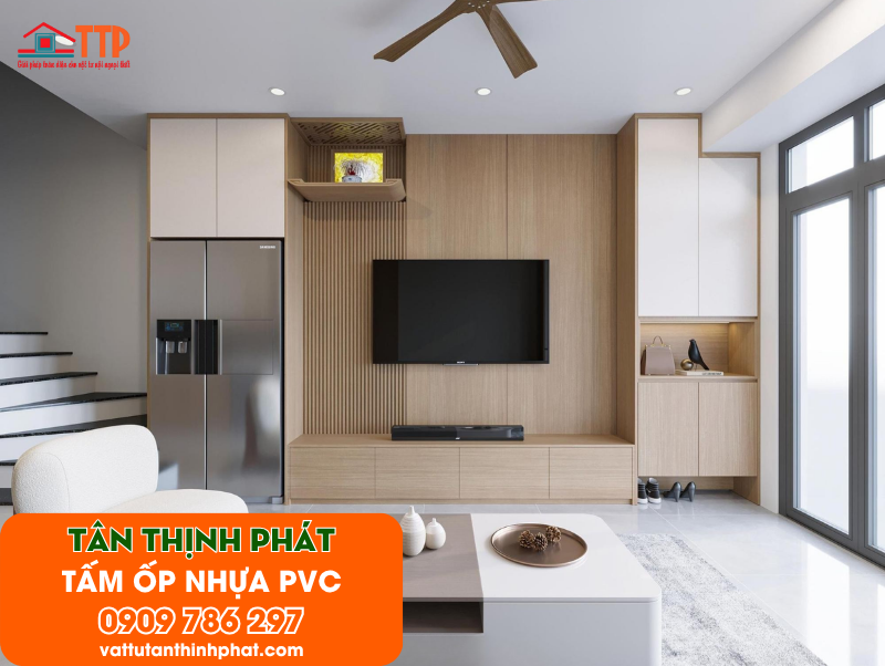 Mẫu phòng khách ốp tấm nhựa PVC đẹp, hiện đại nhất 2026 Mẫu phòng khách ốp tấm nhựa PVC đẹp, hiện đại nhất 2026