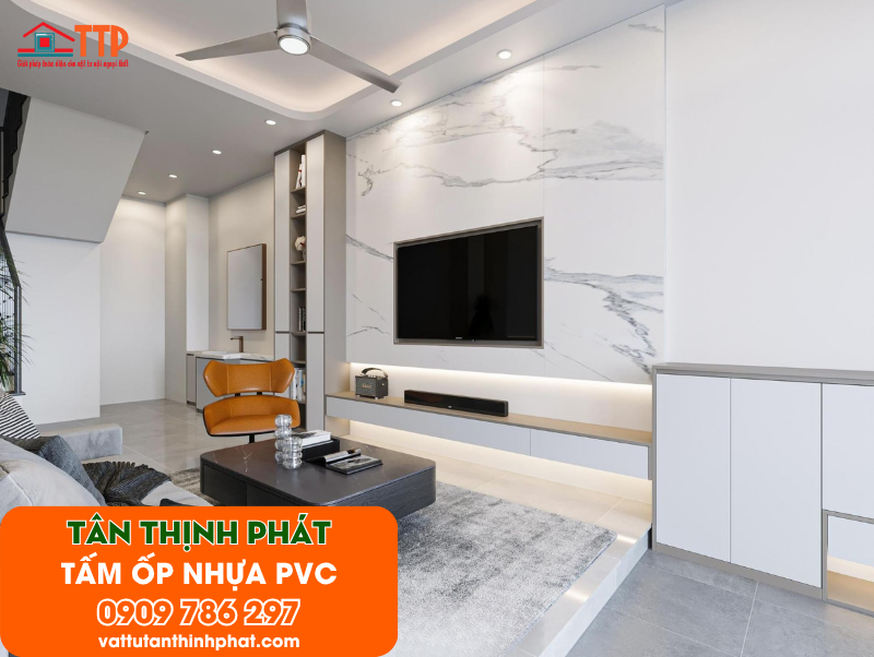 Mẫu phòng khách ốp tấm nhựa PVC đẹp, hiện đại nhất 2026 Mẫu phòng khách ốp tấm nhựa PVC đẹp, hiện đại nhất 2026