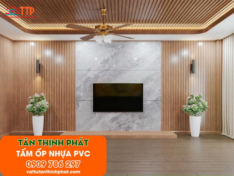 Mẫu phòng khách ốp tấm nhựa PVC đẹp, hiện đại nhất 2026 Mẫu phòng khách ốp tấm nhựa PVC đẹp, hiện đại nhất 2026