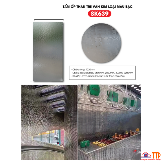 TẤM ỐP THAN TRE VÂN KIM LOẠI MÀU BẠC SK639